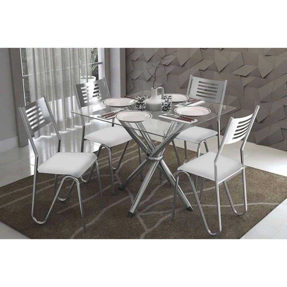 Kit Mesa Volga C- Tampo Vidro 90cm+4 Cadeiras Nápoles Cromado Courano Branco
