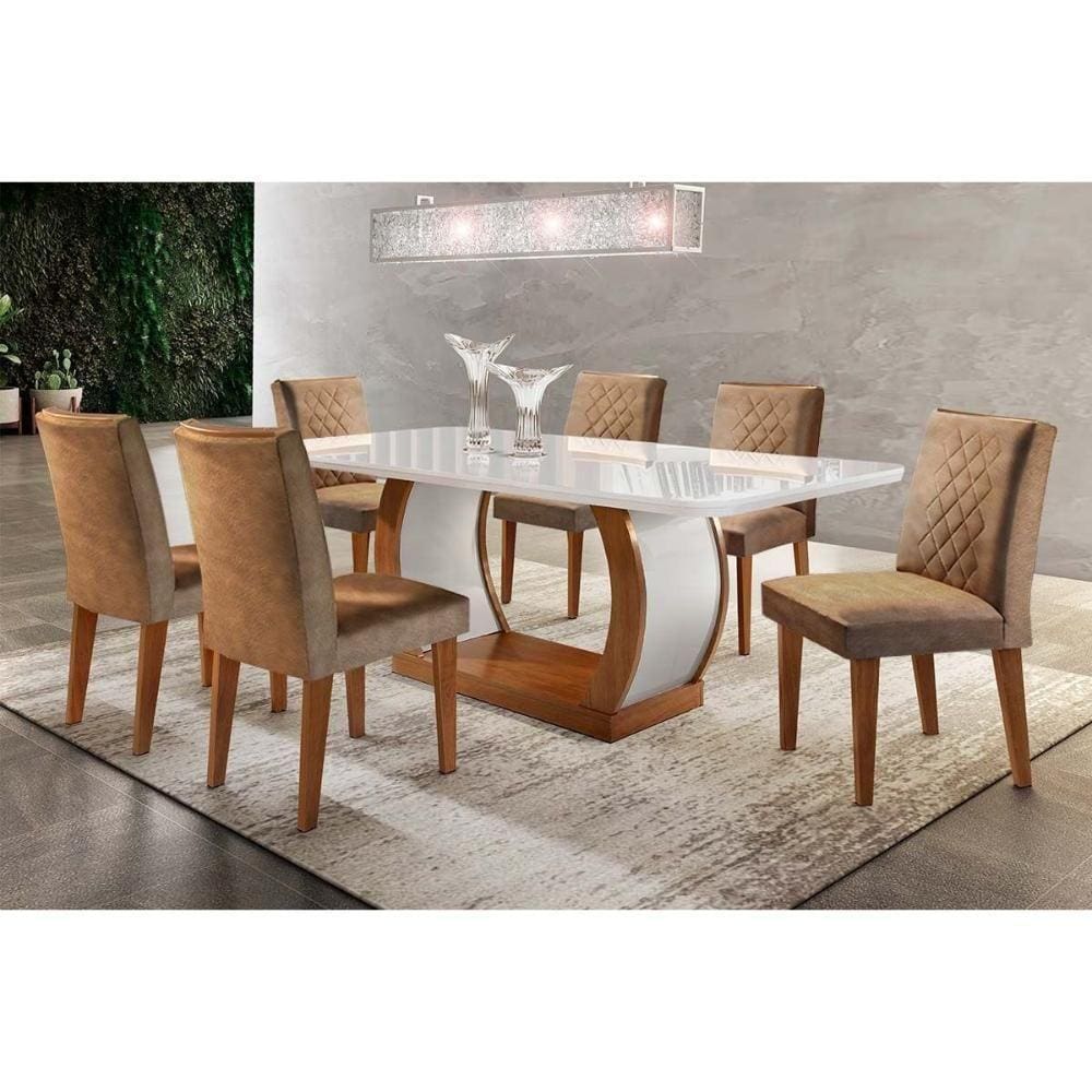 Kit Mesa C- Tampo Vidro Canto Reto 180cm + 6 Cadeiras Imbuia Chocolate
