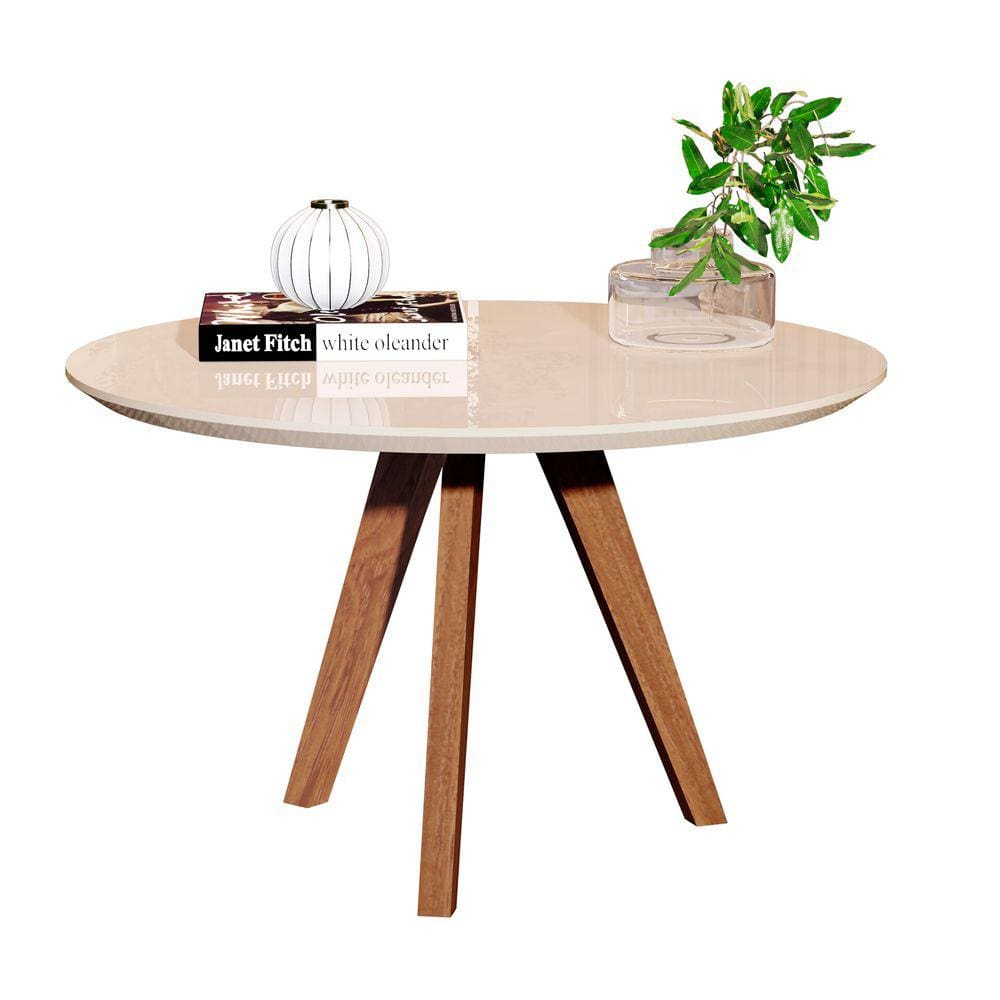 Mesa de Centro Redonda com Pés de Madeira em MDF Cor Off White