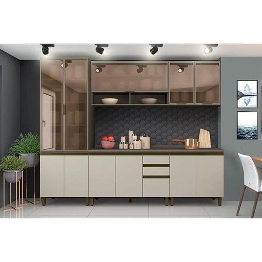 Cozinha Modulada Completa 7pçs 2 Armários 2 Balcões 1 Paneleiro 2 compl. C7P03 Duna/Cristal Henn