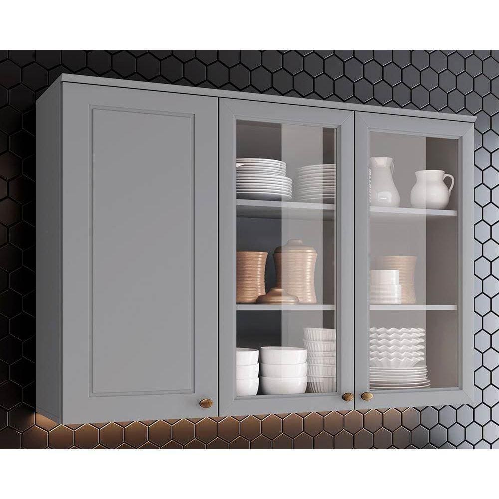 Módulo Cozinha Henn Americana Armário C- 3 Portas (2 C- Vidro) 120cm Cinza