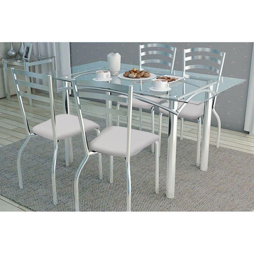 Kit Mesa Elba C- Tampo de Vidro 120cm + 4 Cadeiras Portugal Cromada Branco