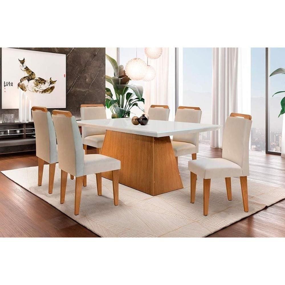 Mesa Sala Jantar C/ Tampo Madeirado C/ Vidro Canto Reto 180cm 6 Cadeiras Athenas Imbuia/veludo Creme