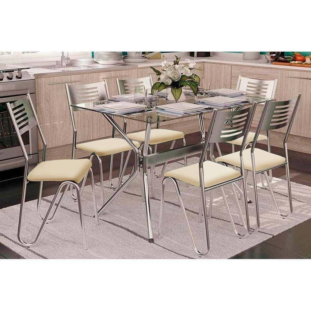 Kit Mesa Loire C- Tampo Vidro 120cm + 6 Cadeiras Nápoles Cromado Courano Nude