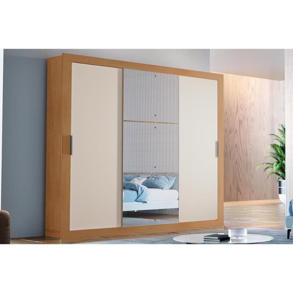 Guarda Roupas 3 Portas De Correr E 4 Gavetas C- Espelho Veneza Luxo Naturale-off White - Rufato