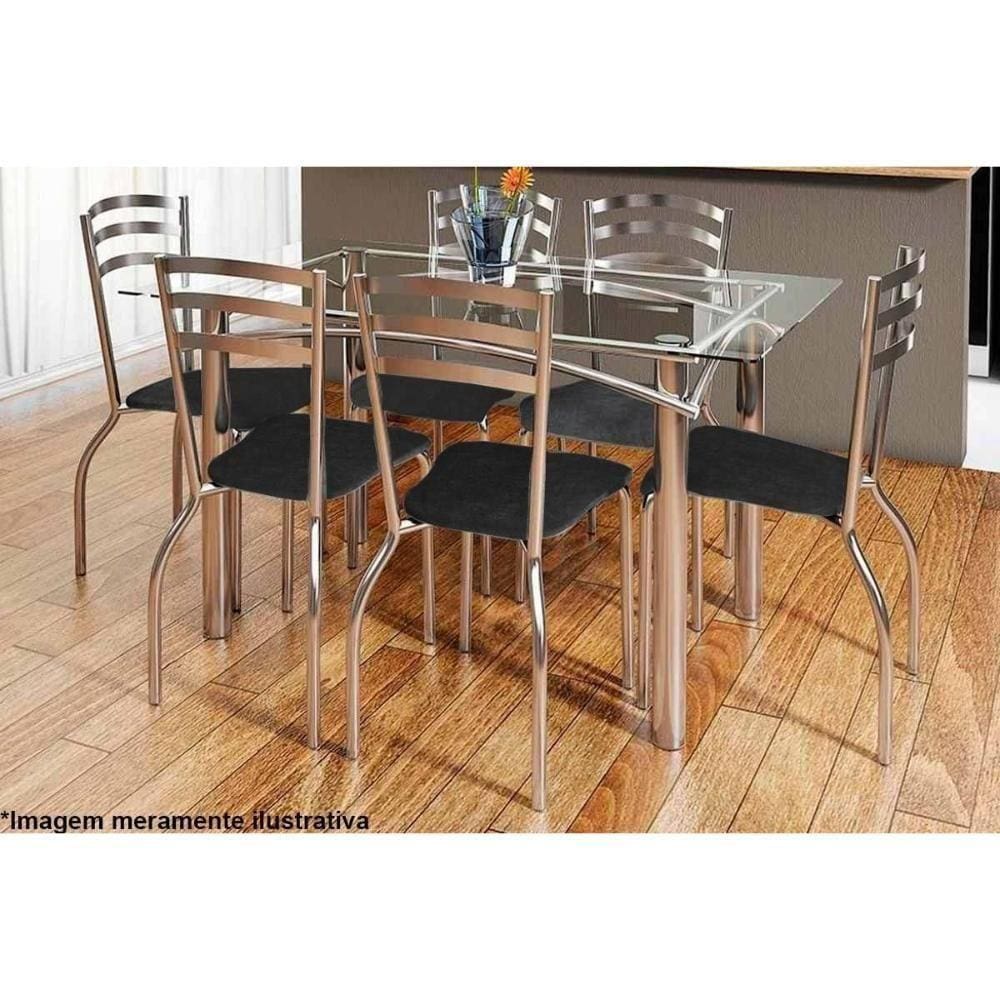 Kit Mesa Elba C- Tampo Vidro 150cm + 6 Cadeiras Portugal Cromada Preto