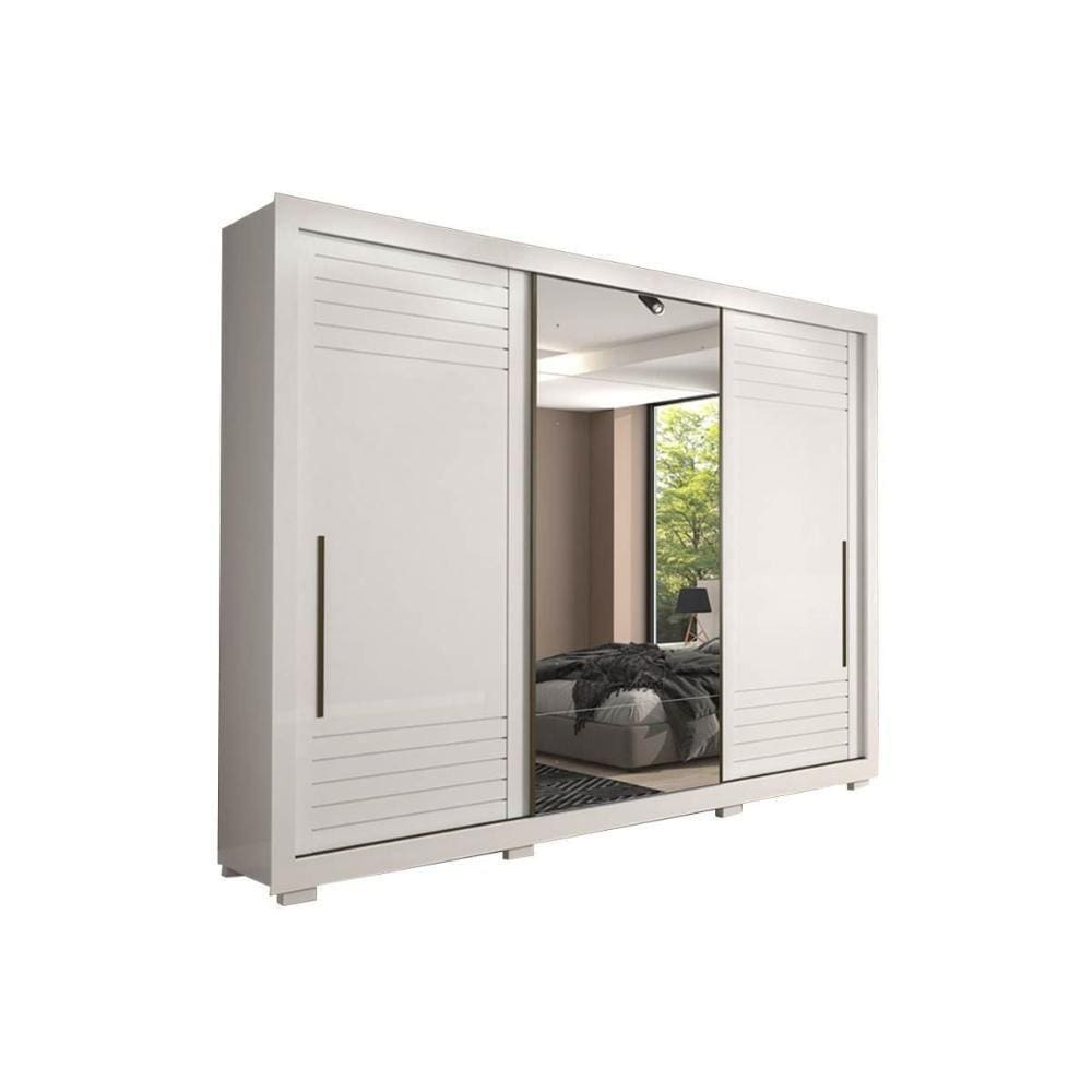 Guarda Roupa 3 Portas De Correr E 6 Gavetas C- Espelho E Pés Vitória Branco - Panan