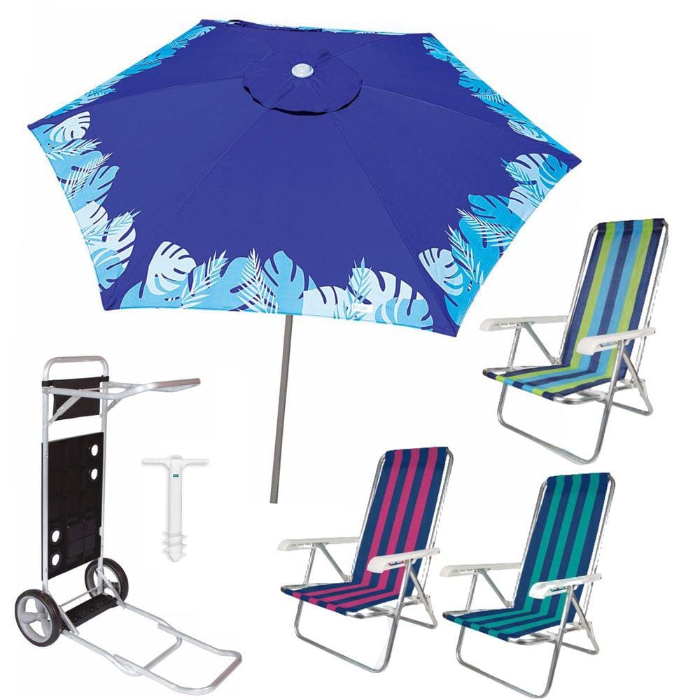Kit Guarda Sol Ombrelone 2,4m Azul Carrinho Praia Avanço 3 Cadeira Reclinável 4 Posições Saca Areia - Tobee