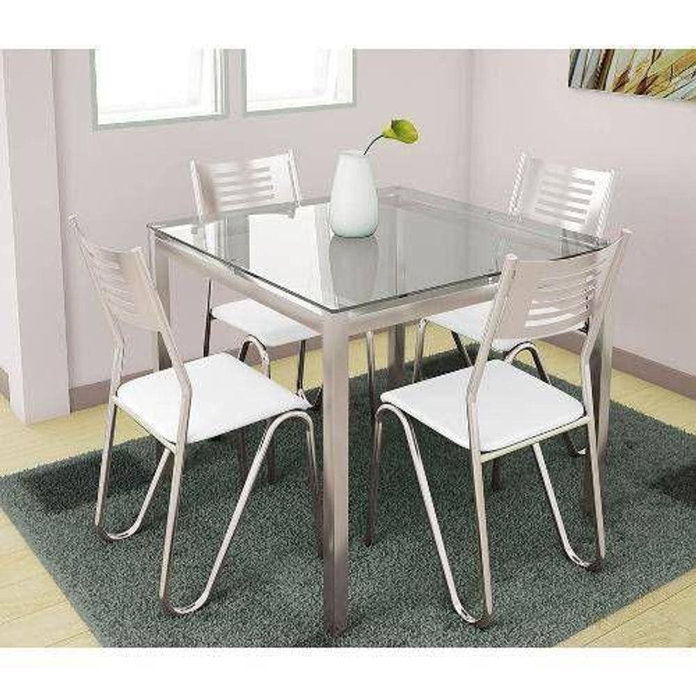 Kit Mesa Reno C- Tampo Vidro 90cm + 4 Cadeiras Nápoles Cromada Branco