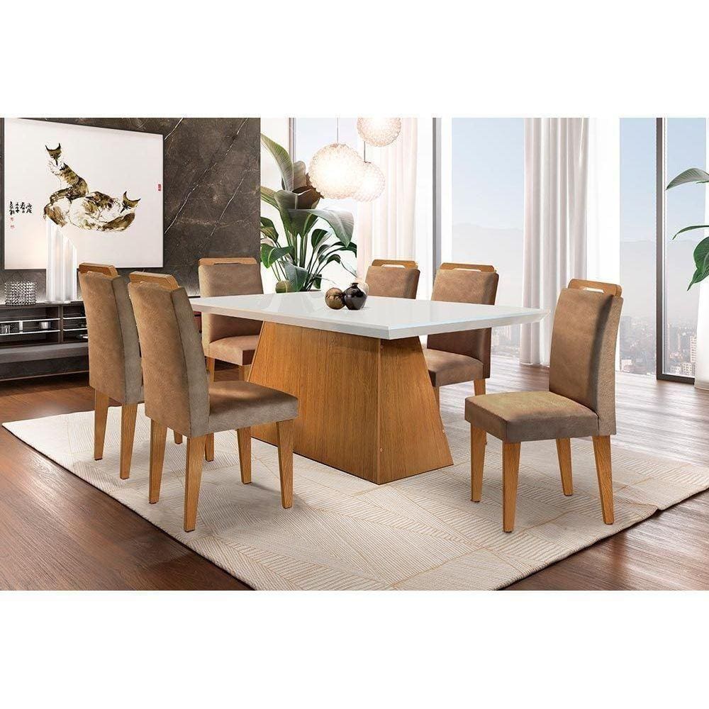 Mesa Sala Jantar Luna C/ Tampo Madeirado C/ Vidro 180cm + 6 Cadeiras Athenas Capuccino/animale
