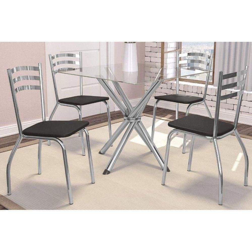 Kit Mesa Volga C- Tampo Vidro 90cm + 4 Cadeiras Portugal Cromado Preto