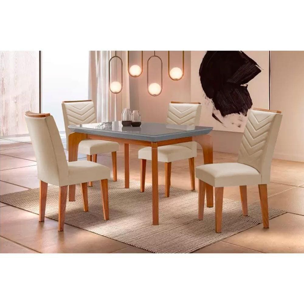 Kit Mesa Tampo Vidro 120cm + 4 Cadeiras Imbuia Veludo Creme