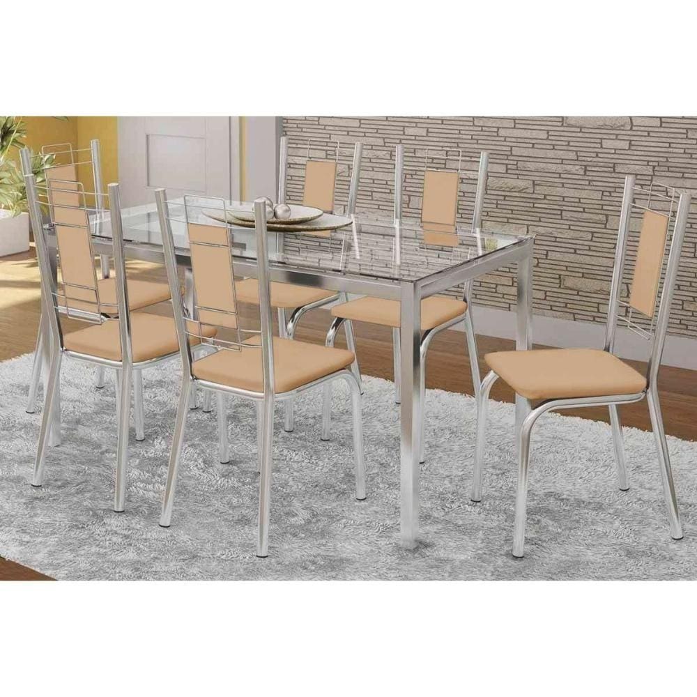 Kit Mesa Reno C- Tampo Vidro 150cm + 6 Cadeiras Florença Cromada Nude