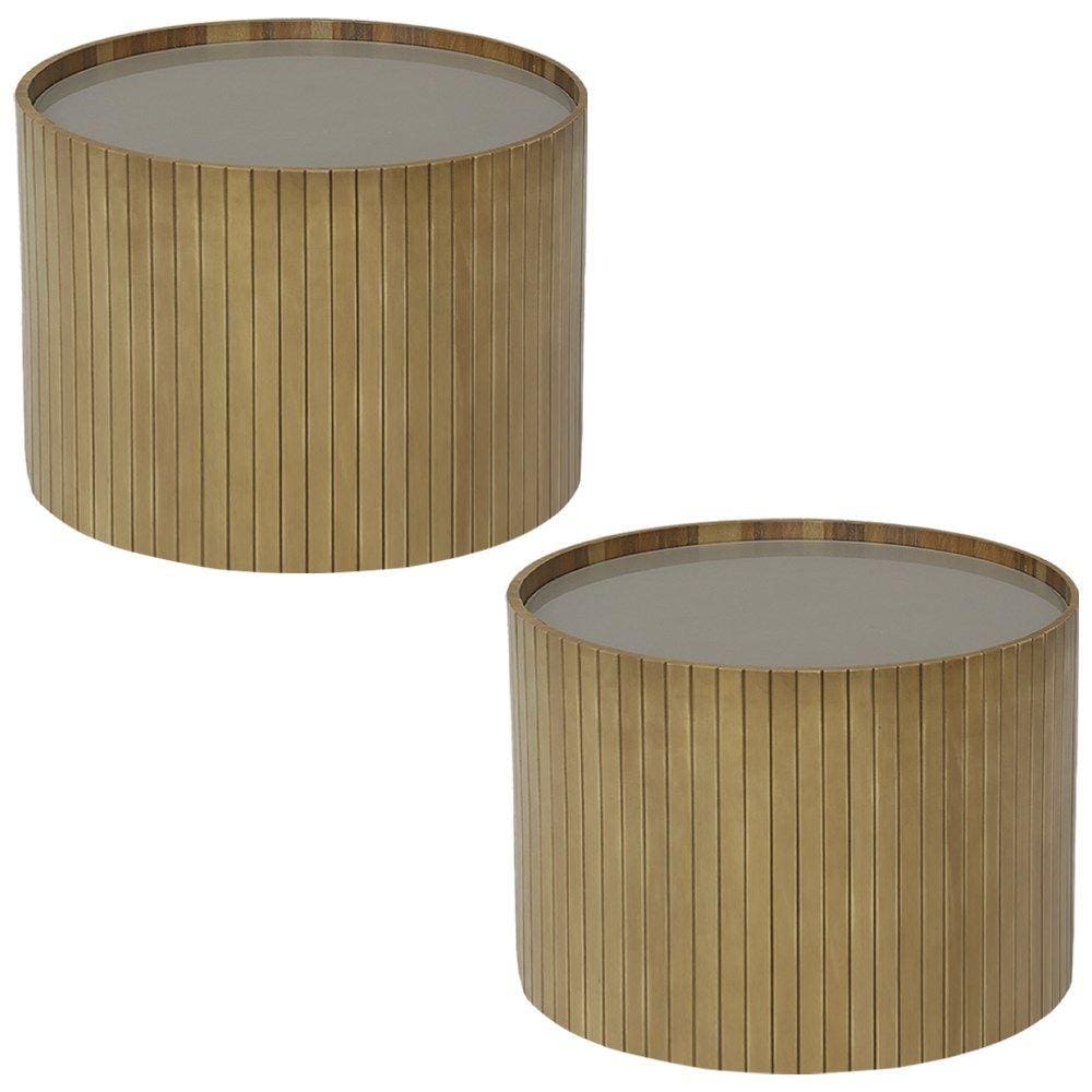 Kit 2 Mesa De Centro Redonda Tampo Vidro Glow Madeira Amendoa Nacc