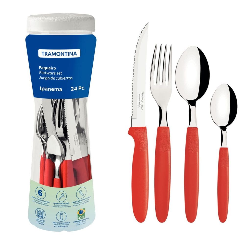 Faqueiro Ipanema Com Lâminas Em Aço Inox E Cabos De Polipropileno Vermelho Com Pote Plastico 24 Peças Tramontina 23399791