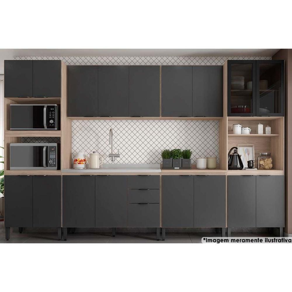 Cozinha Modulada Completa Fmt006 Firenze 2 Aéreos 2 Balcões 2 Paneleiros 6pçs Avena/grafito Demóbile