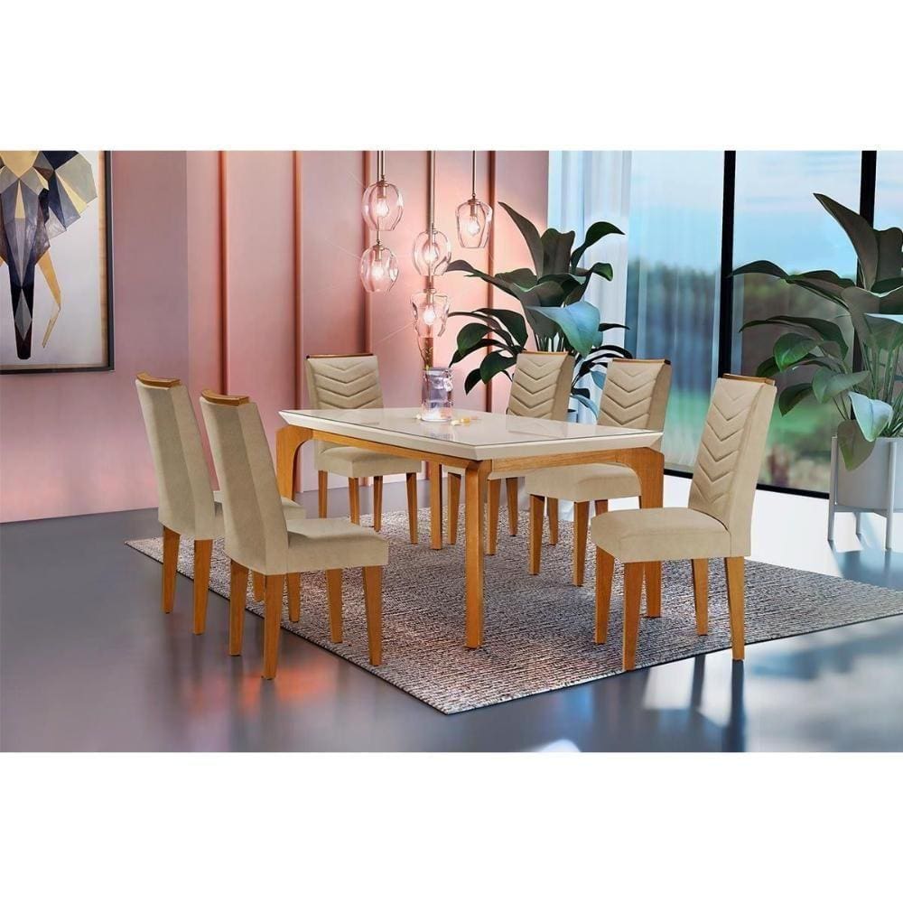 Kit Mesa Londrina C- Tampo Vidro 180cm + 6 Cadeiras Londrina Imbuia Linho Turim