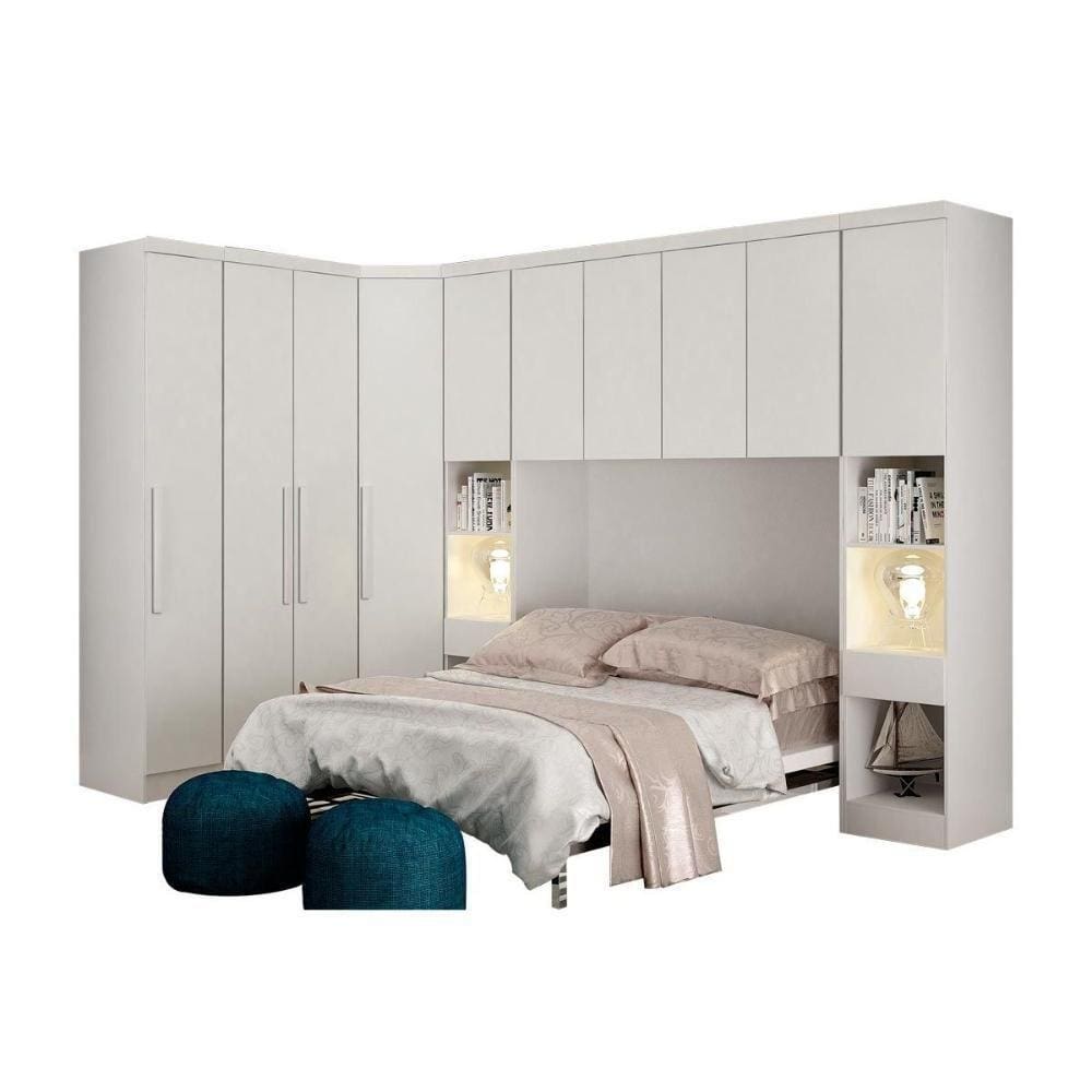 Quarto Casal Modulado Rizon 6 Peças (1 Armário Ponte 1 Closet 2 Guarda Roupas 2 Complementos) Branco