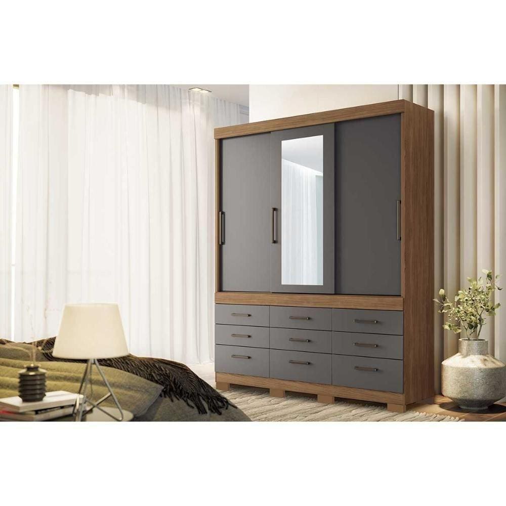 Guarda Roupa Casal 3 Portas De Correr E 9 Gavetas C/ Espelho E Pés Click 3.9 Jatoba/grafitte