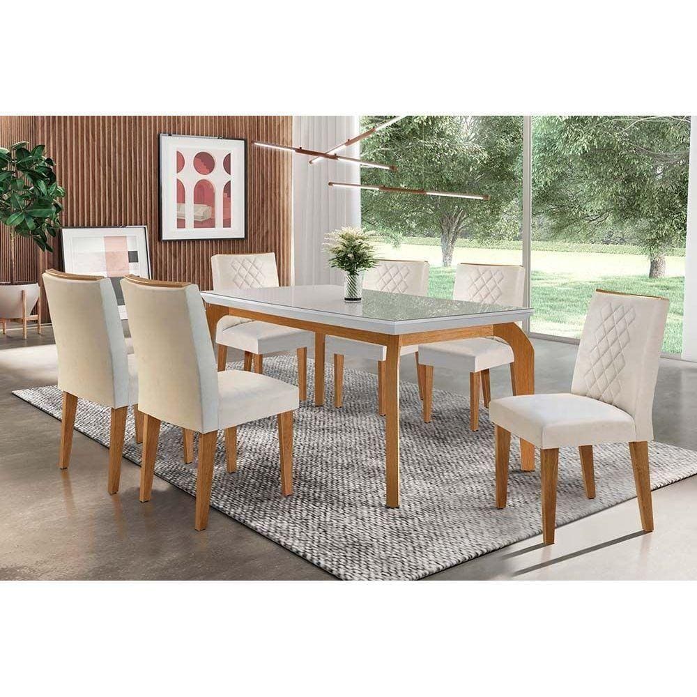 Kit Mesa Londrina Tampo Vidro 180cm + 6 Cadeiras Imbuia Veludo Creme