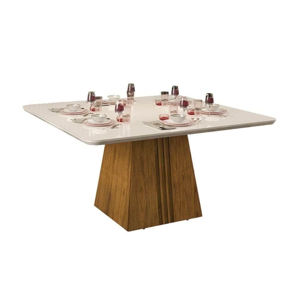 Mesa Para Cozinha Itália + Tampo Madeirado Vidro Curvo 136x136cm Freijó-off White - Dj Móveis