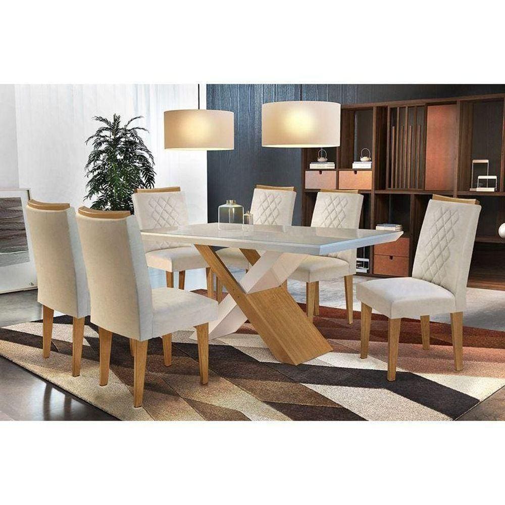 Sala de Jantar Completa Vidro 180Cm + 6 Cadeiras Imbuia Veludo Creme