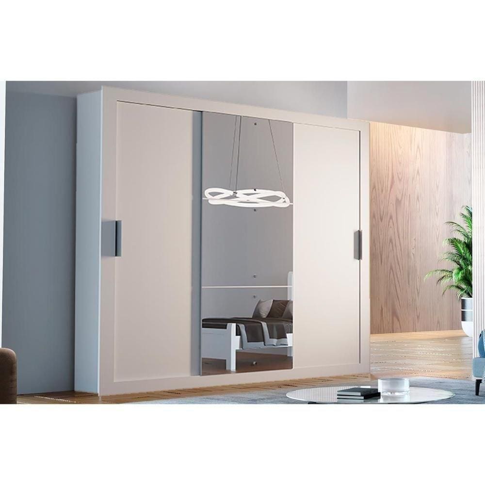 Guarda Roupa Casal 3 Portas De Correr E 4 Gavetas C/ Espelho Veneza Luxo Branco - Rufato