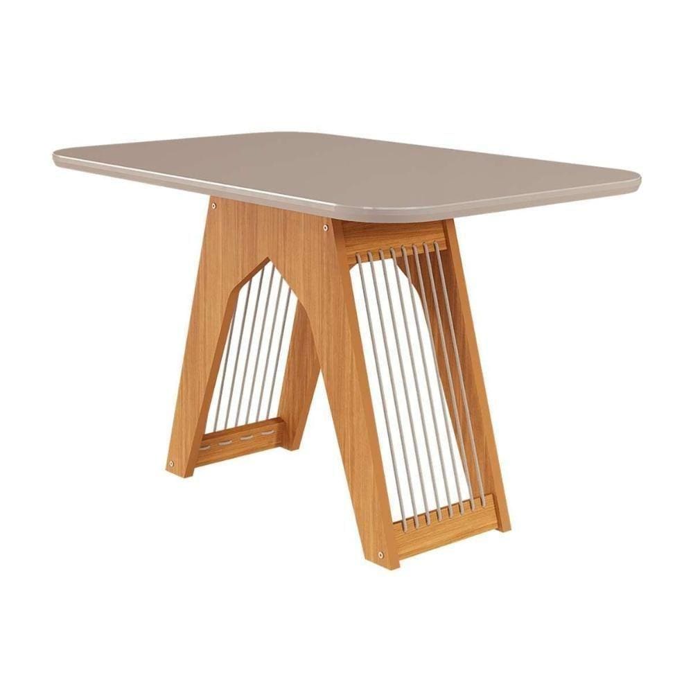 Mesa Para Cozinha Carol + Tampo Madeirado Vidro 130x80cm Nature-off White - Cimol