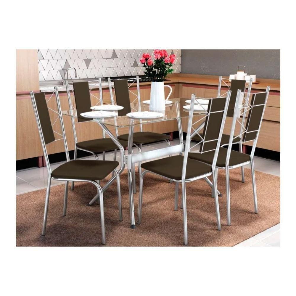 Sala de Jantar Completa Loire 150Cm + 6 Cadeiras Lisboa Cromado Courano Marrom