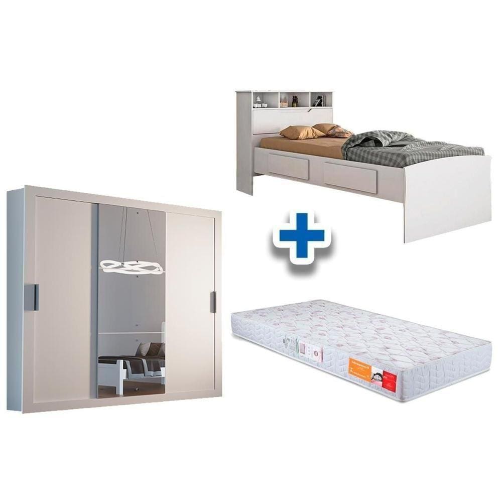 Cama Solteiro Ravena + Colchão Orthocrin + Guarda Roupa Veneza Luxo Branco