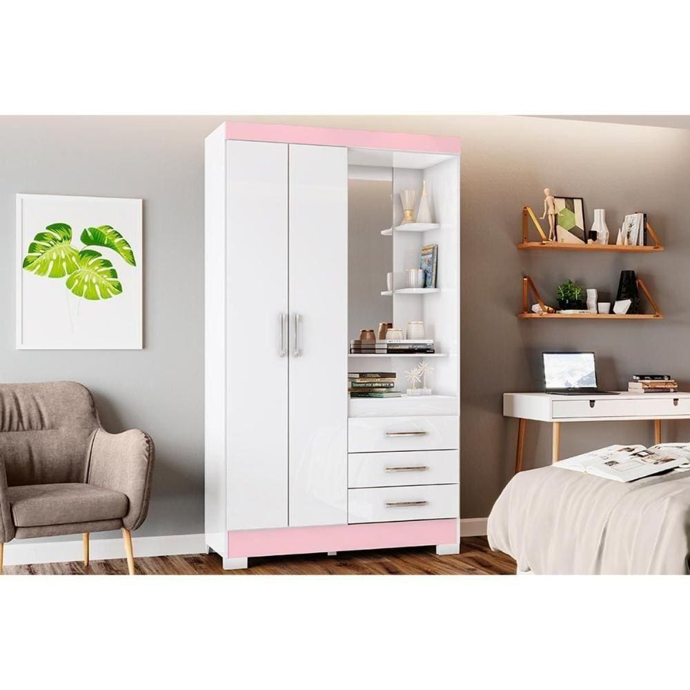 Guarda Roupa Solteiro 2 Portas E 3 Gavetas C/ Espelho Briz B64 Branco/Rosa - Henn