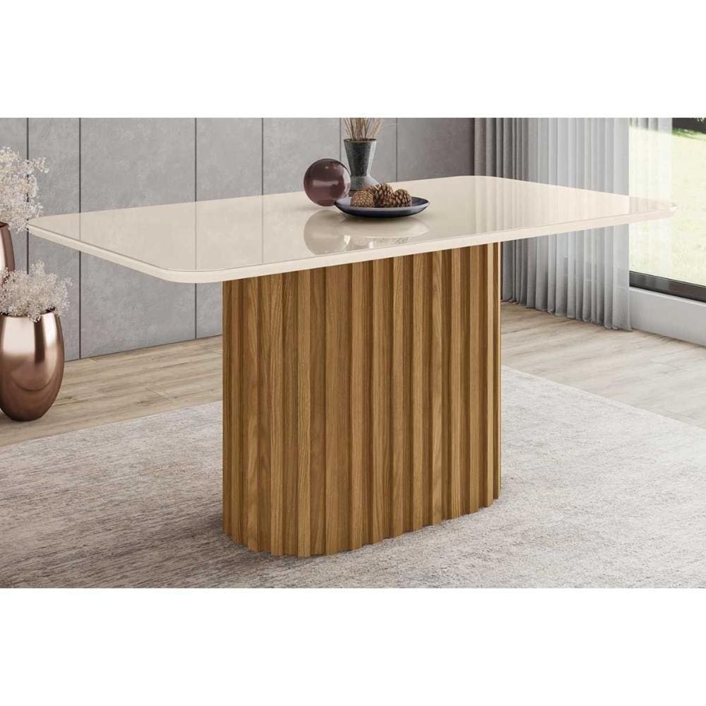 Mesa Para Cozinha Solana Sc68 + Tampo Madeirado Vidro Curvo 160x90cm Nature-off White - Henn