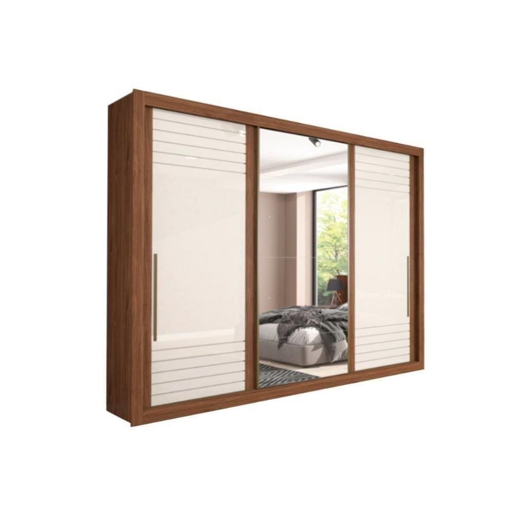 Guarda Roupa Casal 3 Portas De Correr E 6 Gavetas C/ Espelho Vitória Avelã/Off White - Panan