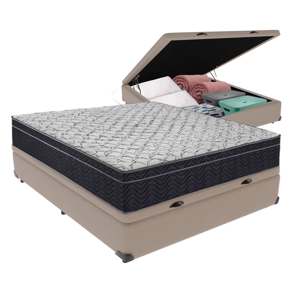 Kit Casal Cama Bege Box Baú Colchão Extra Firme Ortobom D45