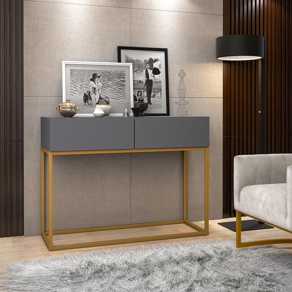 Aparador Buffet Hall De Entrada Luxo Eros 02 Gavetas 90cm Cinza Com Dourado