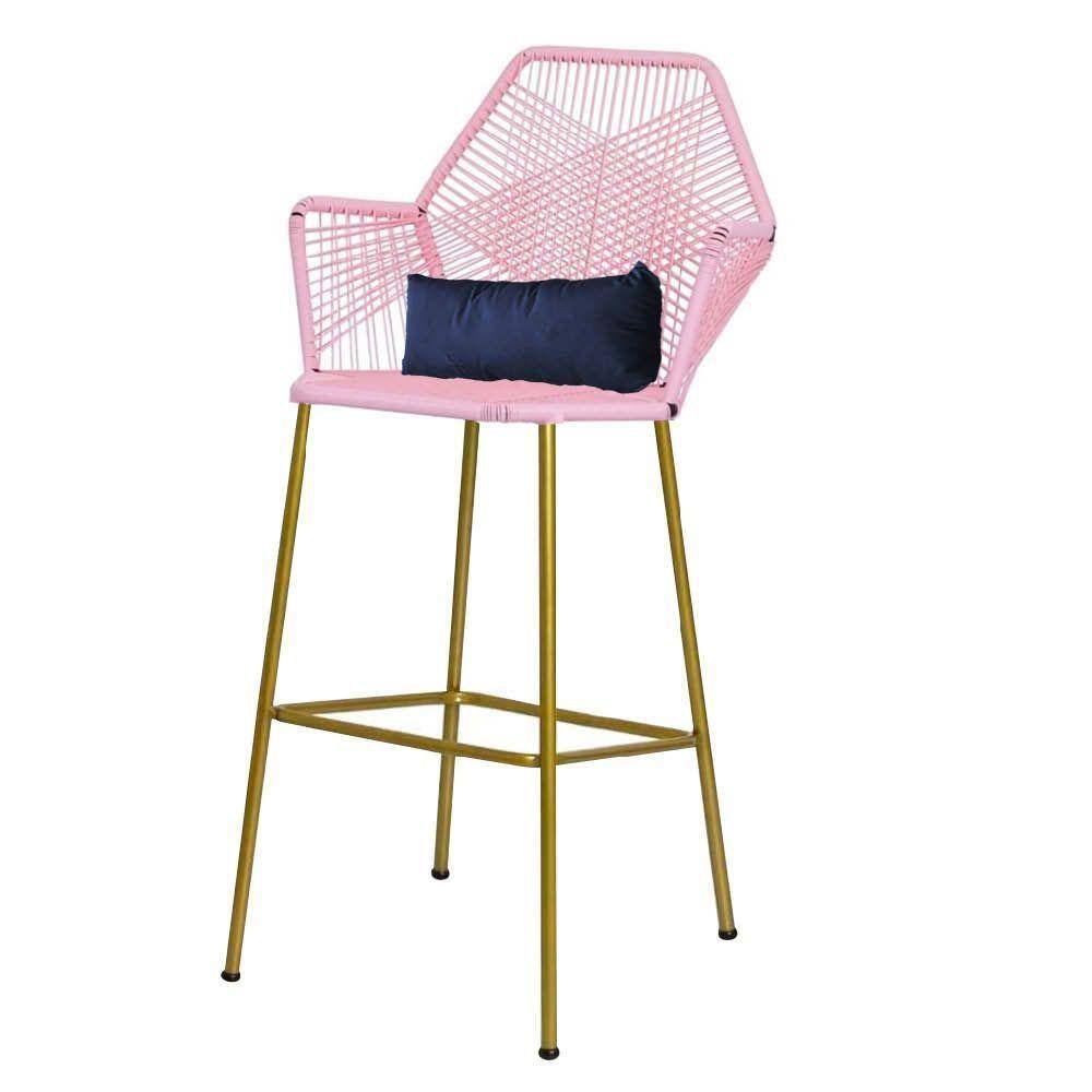 Banqueta Alta Com Encosto Ferro Dourado Fibra Rosa Bebê Almofada Corino Azul Marinho