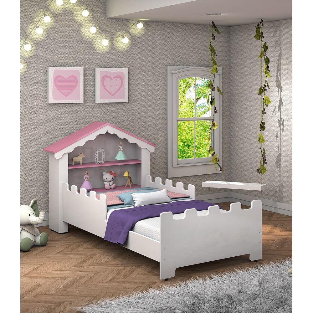 Cama Quarto Juvenil Branco e Rosa Castelinho
