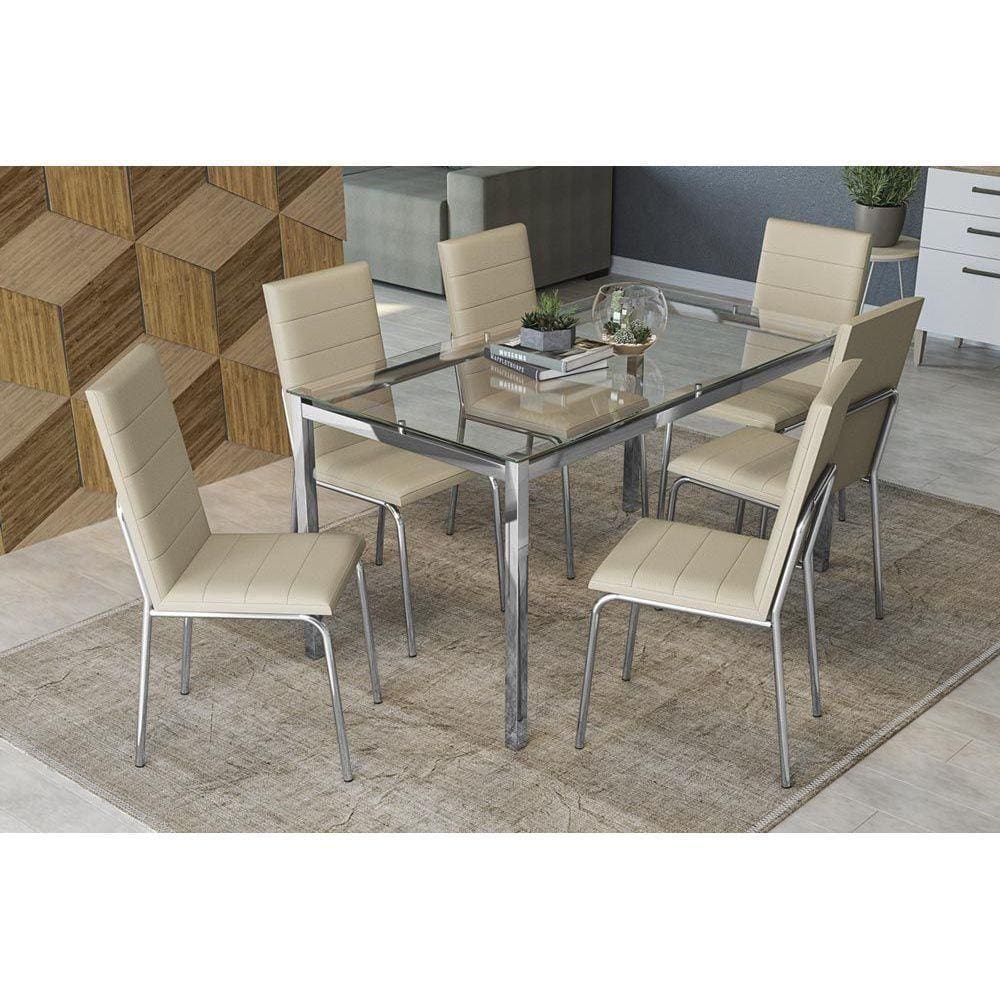 Kit Mesa Reno C- Tampo de Vidro 150cm + 6 Cadeiras Amsterdã Cromada Nude