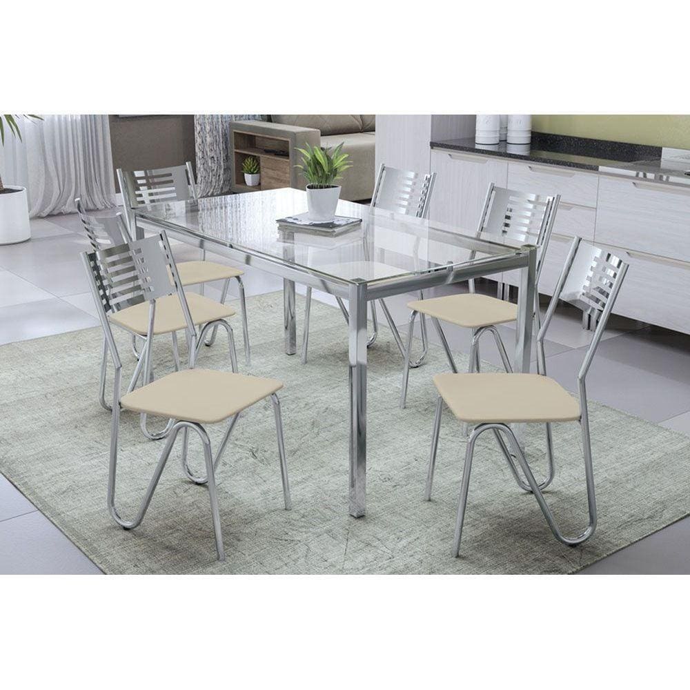 Kit Mesa Reno C- Tampo de Vidro 150cm + 6 Cadeiras Nápoles Cromada Nude