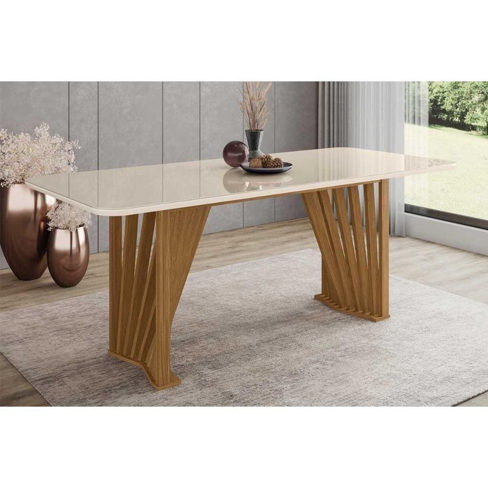Mesa De Sala Jantar Adriana Sc46 + Tampo Madeirado Vidro Curvo 200x80cm Nature-off White