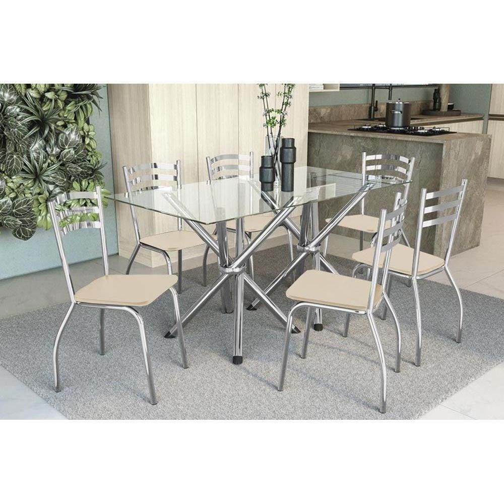Kit Mesa Volga C- Tampo de Vidro 150cm + 6 Cadeiras Portugal Cromada Nude