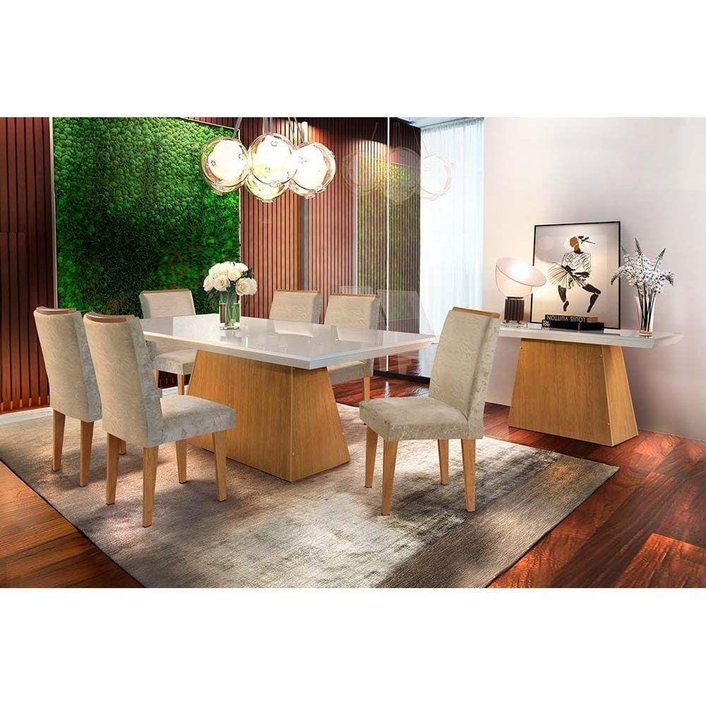 Kit Mesa Luna Tampo Vidro 180cm Canto Reto + 6 Cadeiras Lunara Imbuia Chocolate