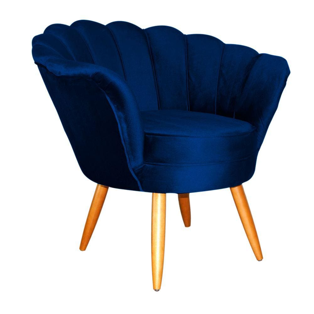 Poltrona Decorativa Pétala Veludo Azul Marinho Pés Madeira Mz Decor