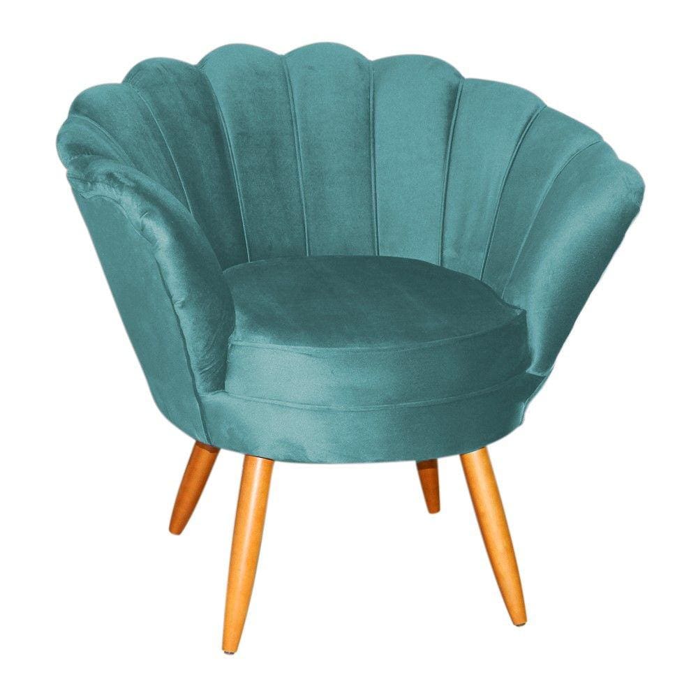 Poltrona Decorativa Pétala Veludo Azul Tifany Pés Madeira Mz Decor