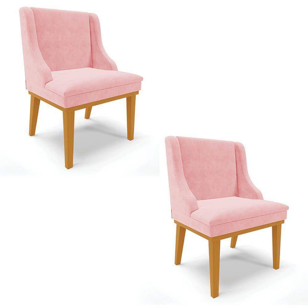 Kit 2 Cadeiras Estofadas Para Sala De Jantar Base Fixa De Madeira Castanho Lia Suede Rosa-Ibiza