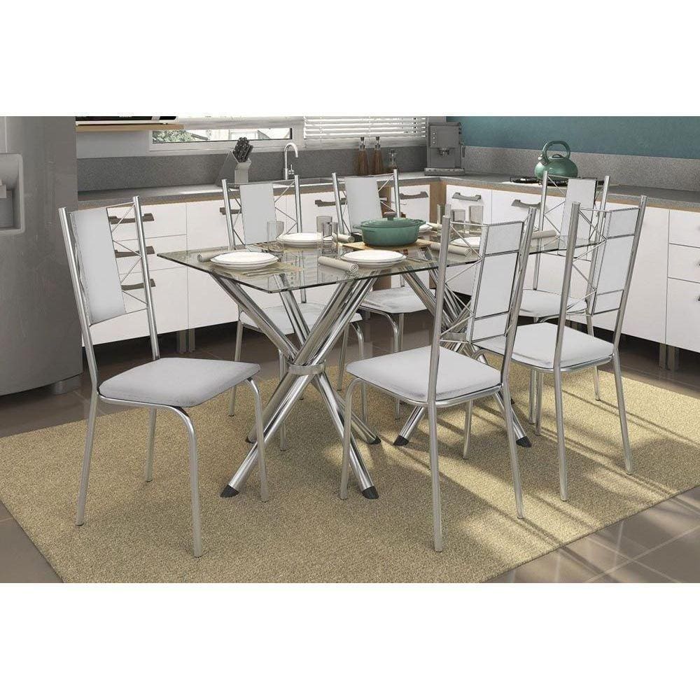 Kit Mesa Volga C- Tampo de Vidro 150cm + 6 Cadeiras Lisboa Cromada Branco