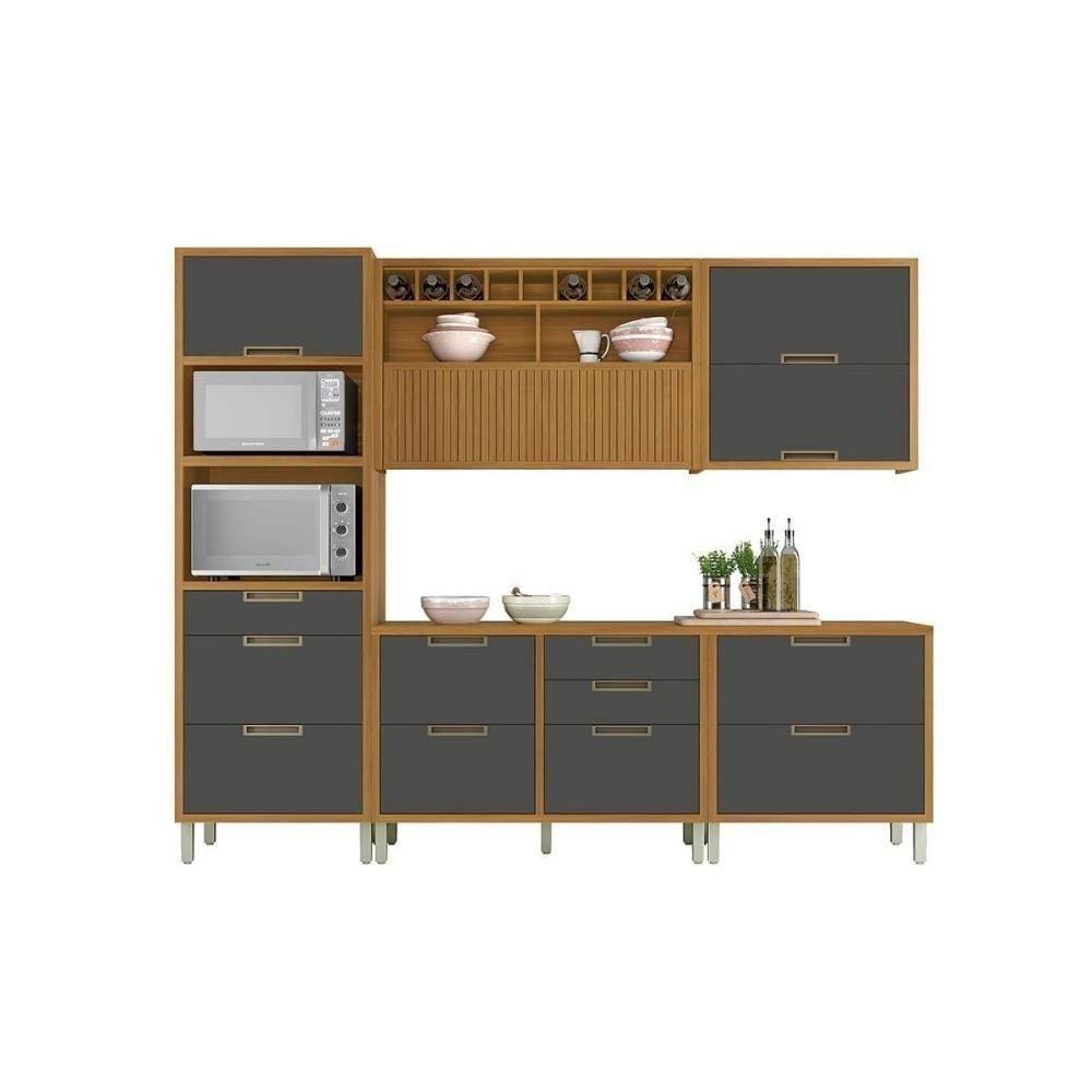 Cozinha Modulada Completa Imperatriz 5pçs 2 Balcões 2 Aéreos+ Torre Quente Freijo/Grafite