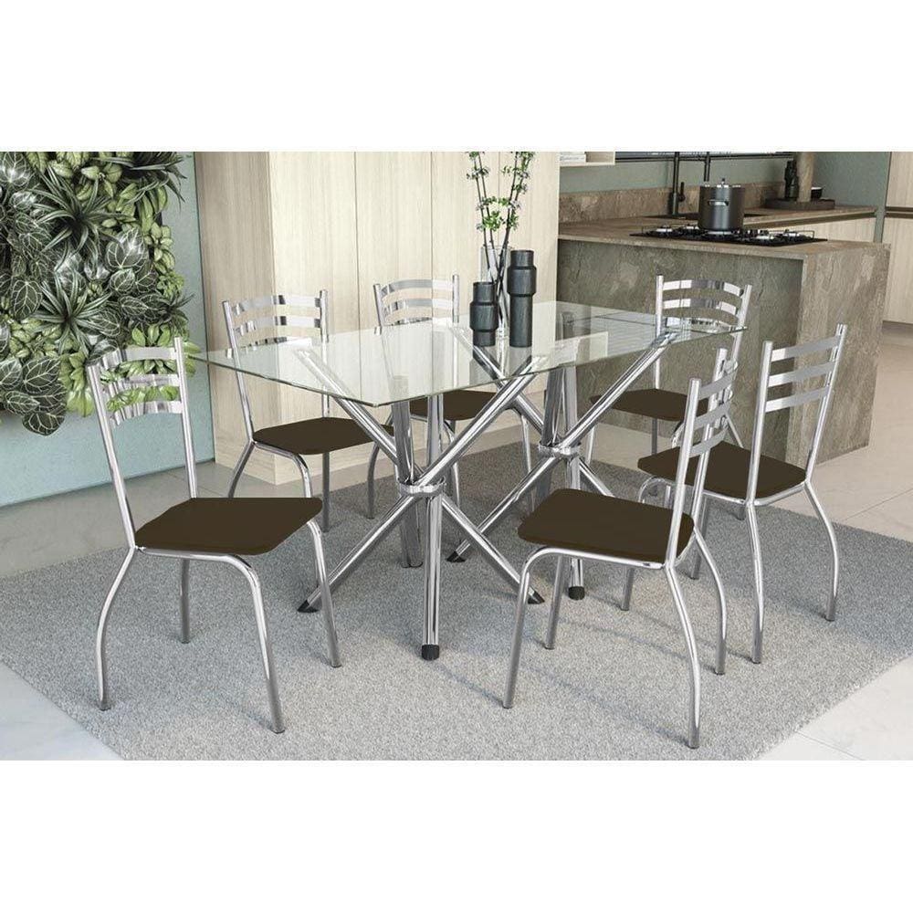 Kit Mesa Volga C- Tampo Vidro 150cm + 6 Cadeiras Portugal Cromado Courano Marrom