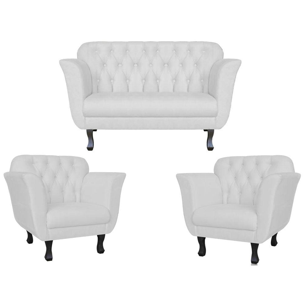 Kit Namoradeira + 2 Poltronas Decorativa Dália Couro Branco Pés Madeira Mz Decor