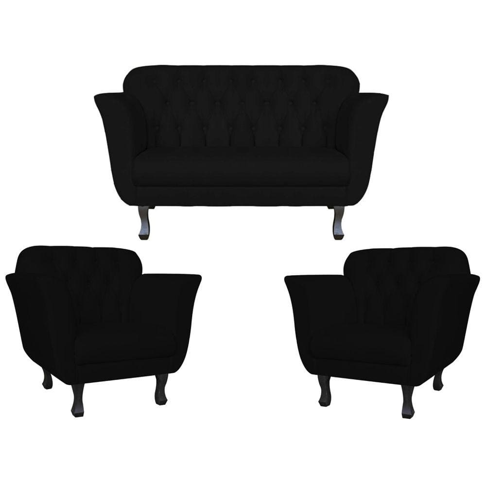 Kit Namoradeira + 2 Poltronas Decorativa Dália Couro Preto Pés Madeira Mz Decor